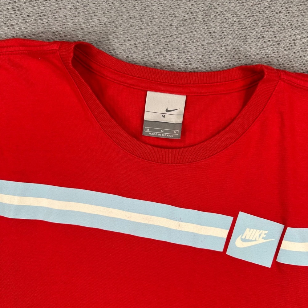 Y2K Nike T-Shirt Mens Medium Long Sleeve Red Blue White Stripe Logo Crew Neck